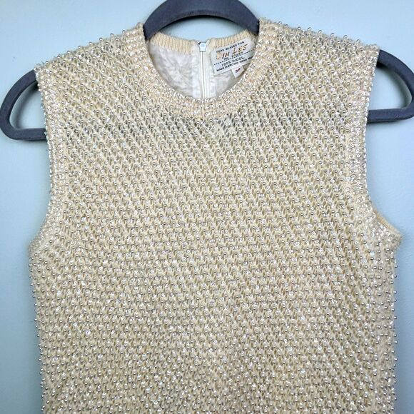 Cyn Les Vintage Hand Beaded 50's 60's Sleeveless Wool Top Pearls Sequins sz 38 S - Picture 2 of 12